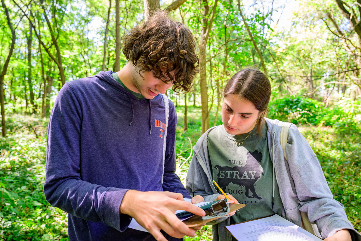 Students taking notes in a forested area.