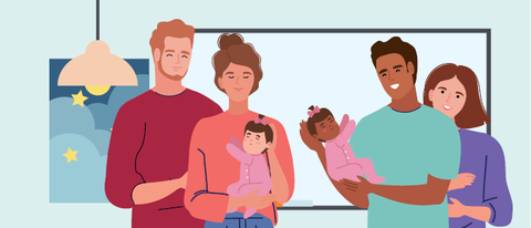 Image of two heterosexual couples, each holding a baby
