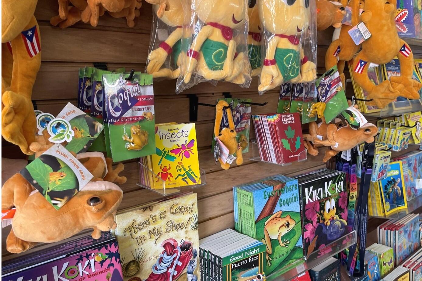 wall of merchandise with Koki tree frog