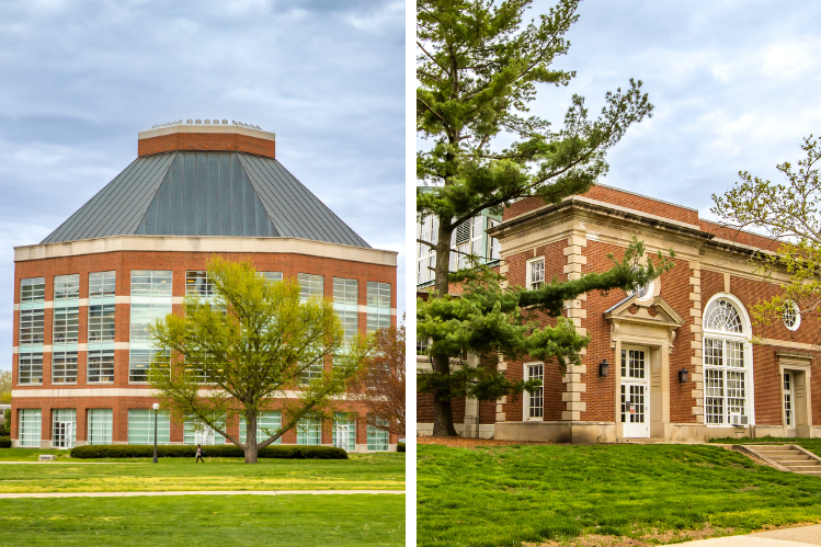 A side-by-side photo of the ACES Library and the Stock Pavilion. 