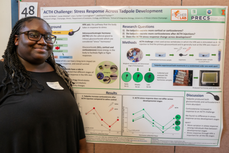 A young woman stands to left of a research poster titled ACTH Challenge: Stress Response Across Tadpole Development.