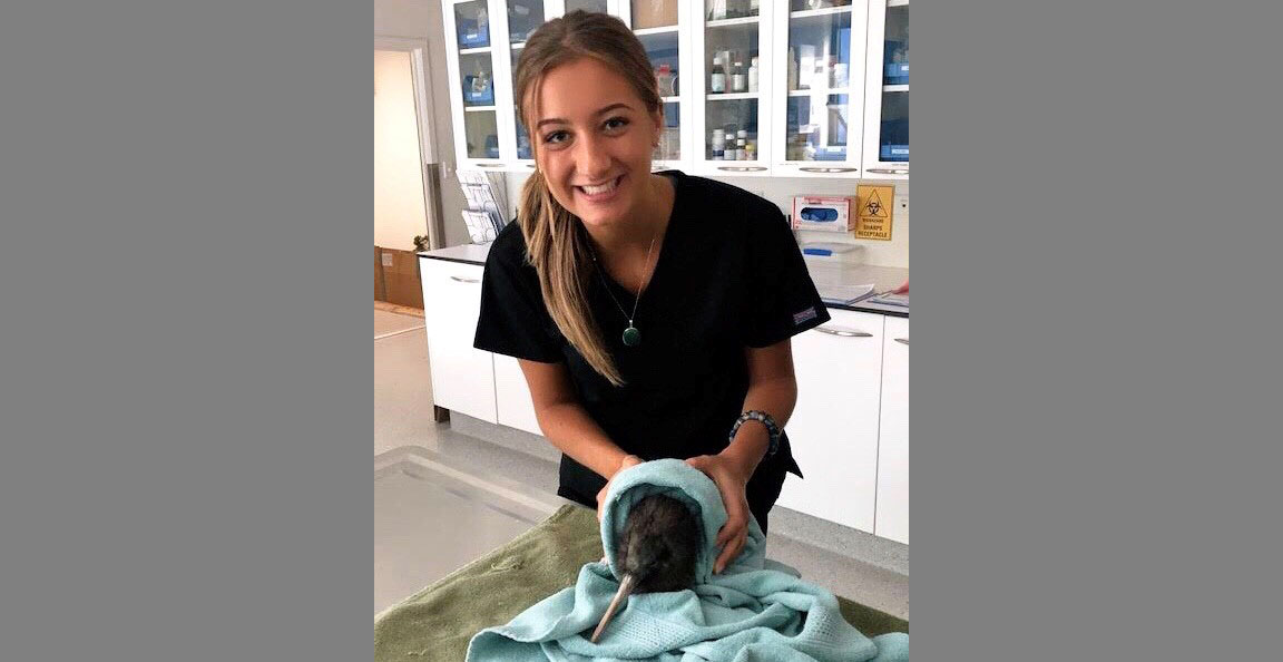 Dominique Krason holding an animal in a vet setting
