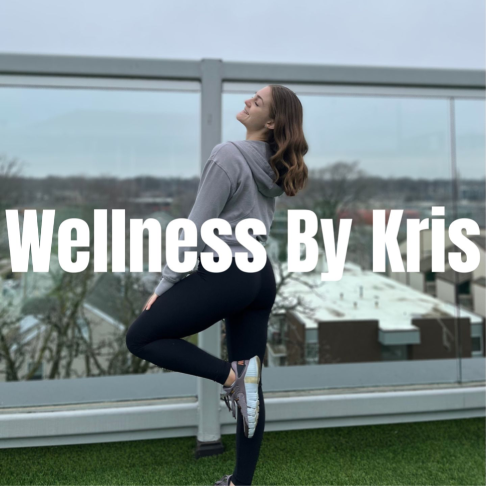 Caption "Wellness By Kris" with a girl standing behind the words in a yoga pose
