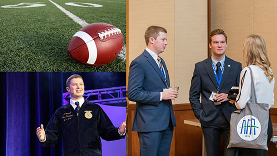Collage of a football on a field, Campbell in an FFA uniform, and Campbell at a networking event
