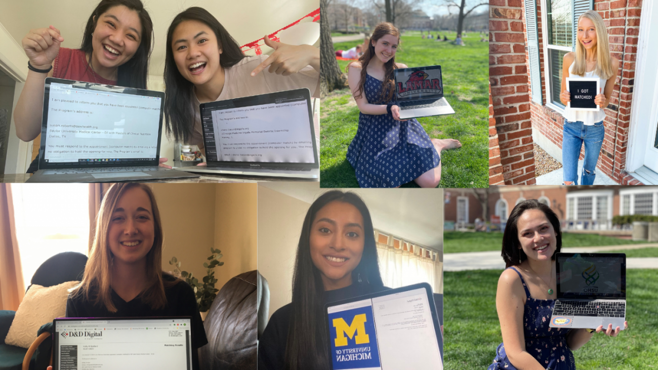 collage of photos of dietetics students with their match emails on their laptop screens 
