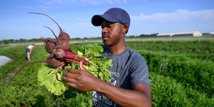 Student holding beets