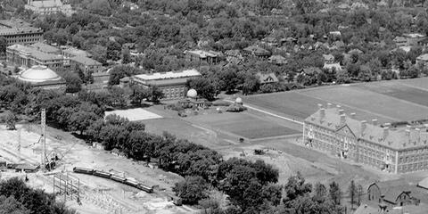 Center: The Morrow Plots and observatory, 1924, with open space to the east and west. Bottom left: Construction for the main library.