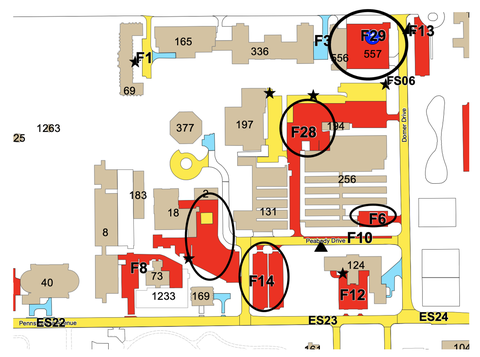 Map showing parking lots.