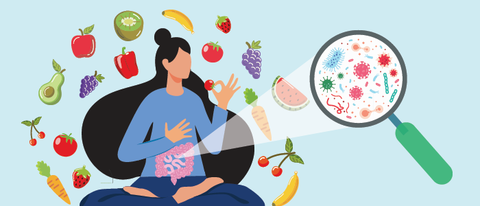 Graphic of woman surrounded by fruits and vegetables, with a magnifying glass showing gut microbes