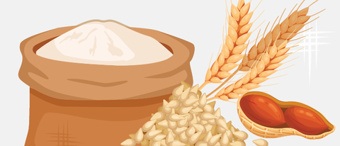 Graphic of a bag of flour with various grains and peanuts nearby
