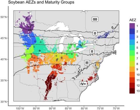 A map of the Midwestern United States, showing the Great Lakes and state outlines in the background. Laid over the map are a series of irregular shapes in different colors forming an upturned crescent. Each color represents a site where soybean cultivars should be grown and tested to achieve a good match with the environment.