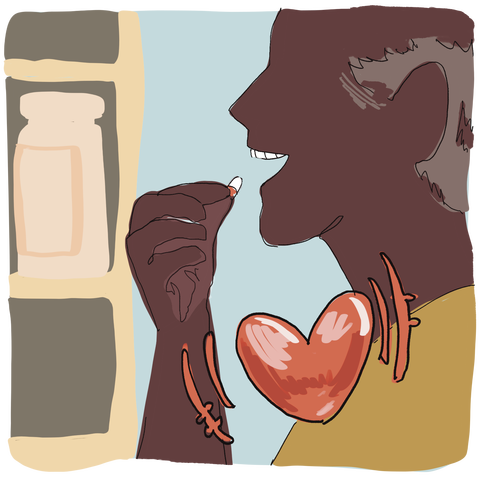 A drawing of a balding man taking a pill. In the foreground, a drawing of a heart; in the background, a pill bottle