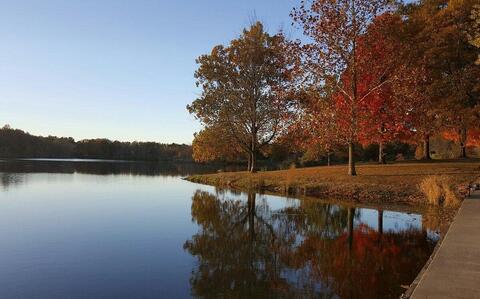 Fall-colored trees line the lake shore at sunset.