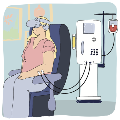 Drawing of a woman sitting in an chair with dialysis equipment behind her. She is wearing a set of VR goggles.