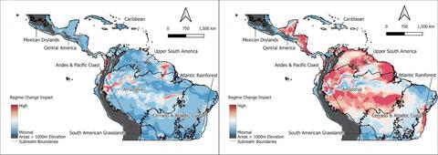 Two maps of Central and northern South America side by side. On the left, the region is mostly shaded blue. On the right, the region is mostly shaded red.