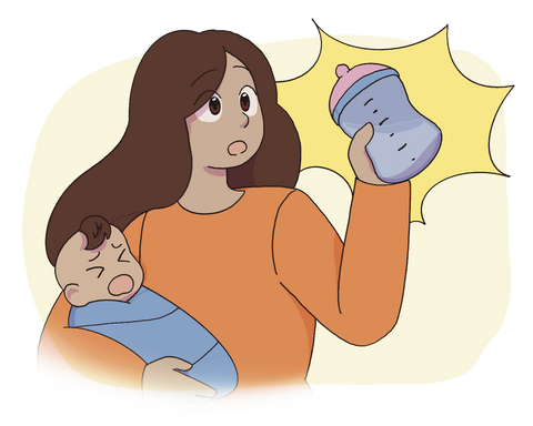 A graphic showing a woman holding a crying infant and a bottle