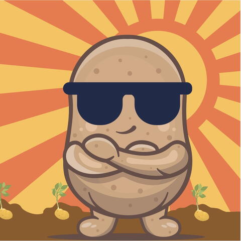 a graphic showing a cartoon potato wearing sunglasses against a vibrant sun in the background