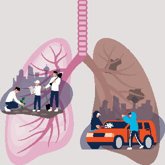 A schematic of a pair of lungs. One is pink and healthy and shows people engaging in healthy outdoor activity. The other is brown and occluded and shows street crime in action.