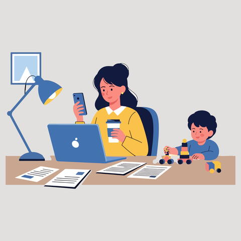 A graphic showing a mother working at a laptop with a child playing nearby