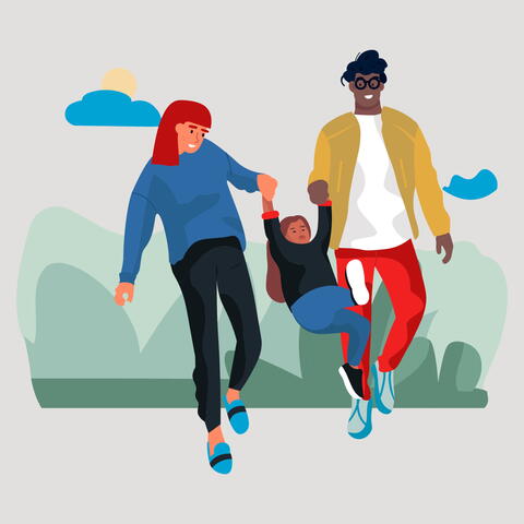 Graphic showing two adults walking outdoors, swinging a child between them. 