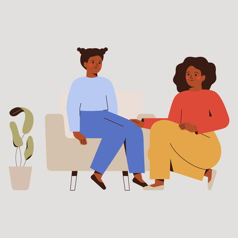 Graphic showing a young woman with a sad expression talking to her mother
