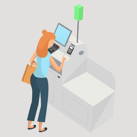 Graphic showing a woman at a self-checkout register