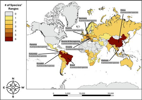 A world map showing countries in various colors, reflecting the number of undocumented amphibians exported from each