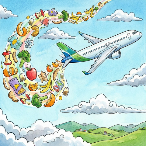 Drawing of an airplane flying through a cloud-strewn sky trailing a jet stream made of food scraps