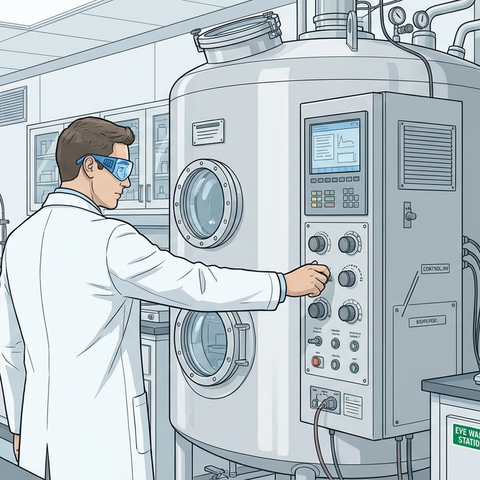 A drawing of a man in a lab coat and safety goggles adjusting a knob on a large silver tank