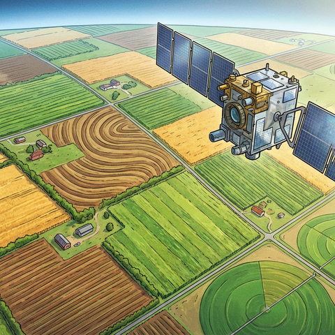 Drawing of a small satellite in the sky with farm fields below