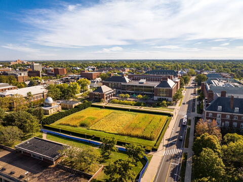 Aerial view of U. of I. campus showing the Morrow Plots at center