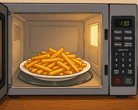 A cartoonish image of a microwave with a plate of French fries inside