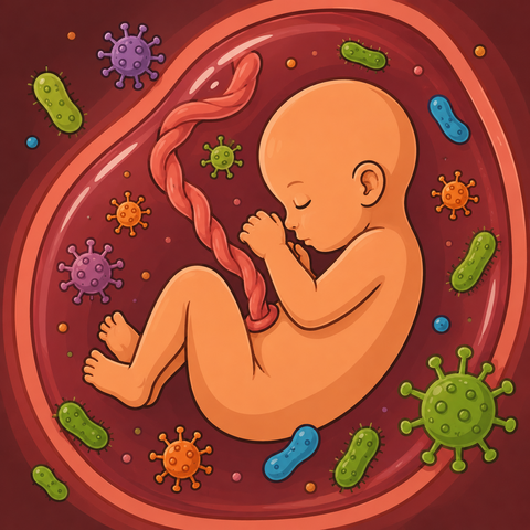 A cartoonish image of a baby in utero with germs floating in the womb