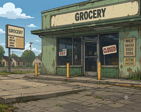 image of a run-down grocery store with a closed sign in the window