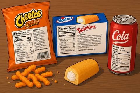A cartoonish image of junk food snacks on a table