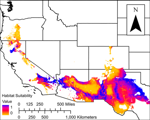 A map of the western United States with yellow, red, and purple splotches across much of Texas, New Mexico, Arizona, and into California and Oregon