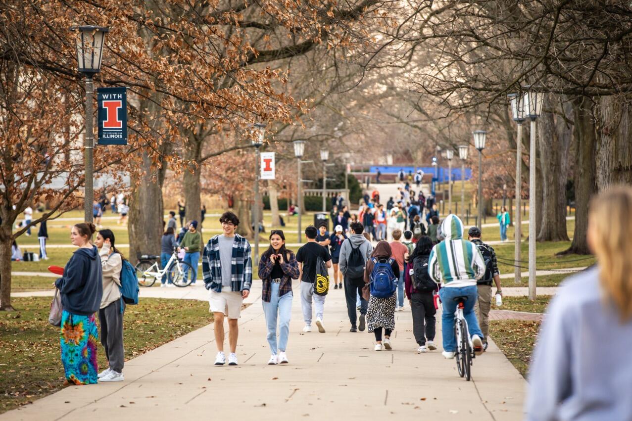 Students walking and talking on the main quad.