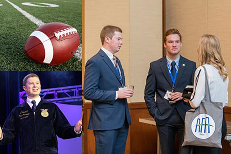 Collage of a football on a field, Campbell in an FFA uniform, and Campbell at a networking event