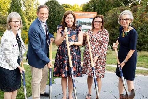 Five people hold shovels and break ground for the Doris Kelley Christopher Illinois Extension Center 