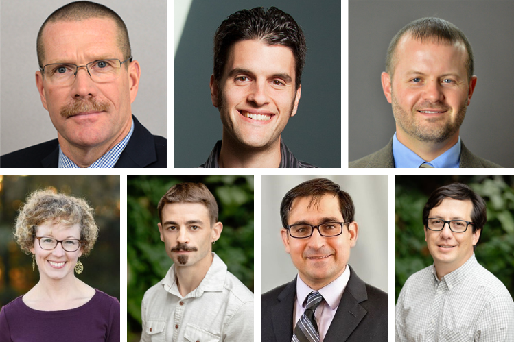 A compilation of seven promoted faculty member headshots. 