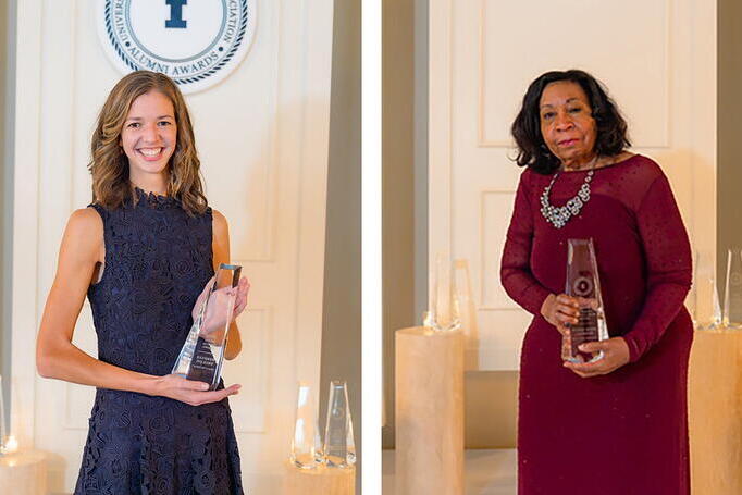 A composite picture of two women holding awards