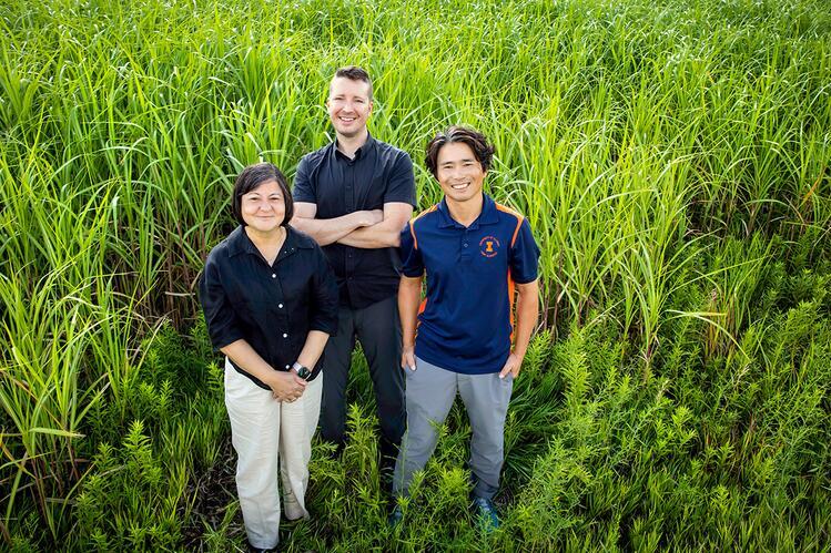 From left: Madhu Khanna, Jeremy Guest, and DoKyoung Lee Madhu Khanna, Jeremy Guest, and DoKyoung Lee standing in a field