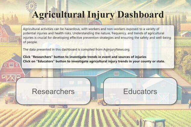 A webpage screenshot with the text "Agricultural Injury Dashboard" and additional text blocks with a bacground showing a stylized rendition of a farm