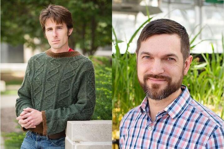 Two men shown side by side in separate images. The man on the left wears a green sweater, and the man on the right wears a plaid shirt, with plants in the background.