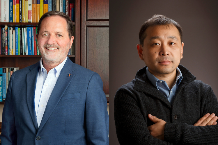 College of ACES Dean Germán Bollero (left) and Professor Kaiyu Guan (right) were recognized with 2025 agInnovation North Central awards for their leadership in advancing agricultural research and innovation. Portrait of Dean Germán Bollero wearing a suit jacket, standing in front of a bookshelf in his office. Portrait of Professor Kaiyu Guan with arms crossed, standing in front of a dark background.