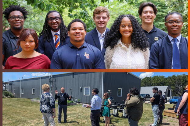 A composite of two photos, the top shows a group of young people smiling at the camera, the bottom shows a group talking in front of a farm building