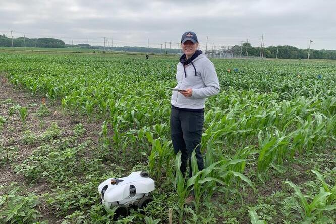 A young woman wearing a hat holds a tablet device while standing in a field of young corn plants. At her feet, a small white robot on wheels is visible.