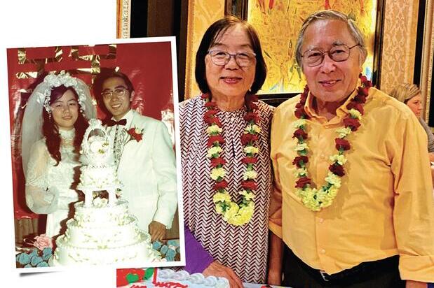 alt= A couple standing with leis around their necks at a celebration. An inset photo shows them on their wedding day in formal attire beside a tiered wedding cake.