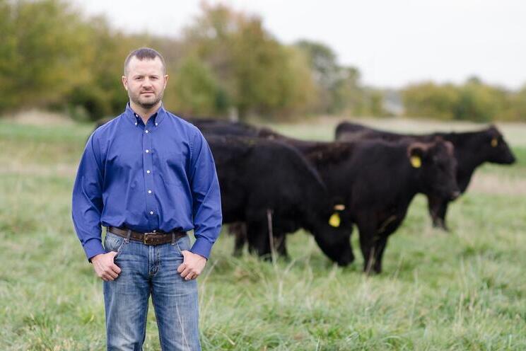 A man stands in front of several black cattle in a pasture