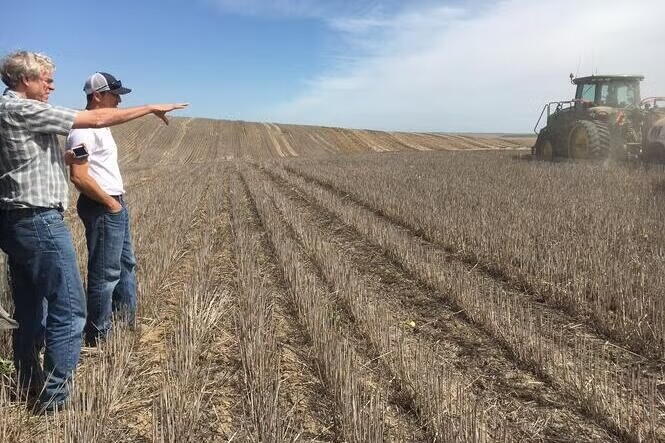 Two men standing next to a field with a tractor in the background, one of the men is pointing